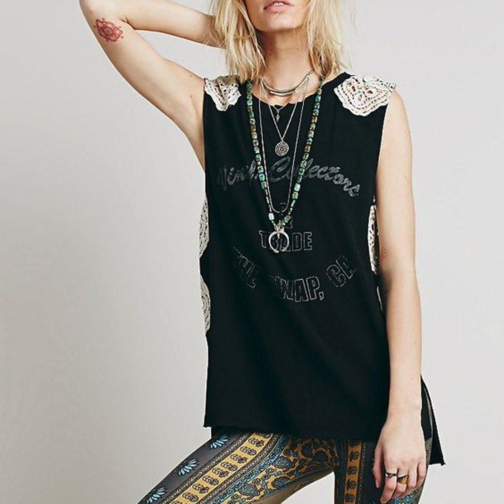 Free People Medium Black Oversized Crochet Trim Graphic Muscle Bulls Eye Tee